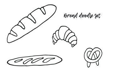 Set of pastries sketch black on white background. Baguette, baton, pretzel, croissant Doodle illustration. Various sorts of bread in lines. For bakery, logo, postcards 300 DPI
