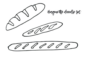 Set of long loafs sketch black on white background. Baguettes Doodle illustration. Various sorts of bread in lines