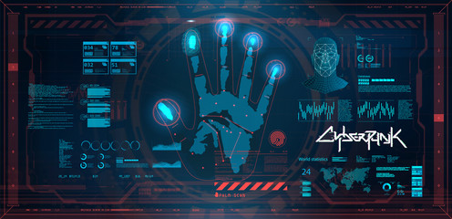 Futuristic scanning hand, palm, fingers and face in HUD style. Biometric recognition system. GUI, UI, HUD smart program personal identification. HUD biometric system, Cyberpunk user interface. Vector