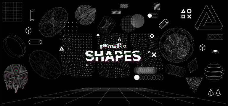 Modern universal trandy geometric shapes and 3D and other elements. Digital abstract set for you design. Cyberpunk, vaporwave in memphis and glitched style. Vector