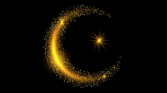 Glitter crescent with shiny color sparkle design element with glitter effect on black backdrop. Gold shine texture. Full moon night background. Design concept party or celebration on black background.