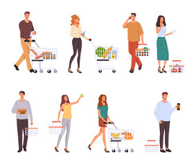 People character buying food in supermarket isolated set. Vector graphic design concept
