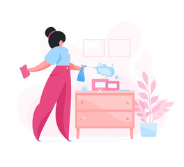 Female disinfecting surfaces with cleaner in house