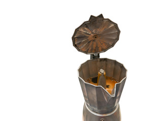 Classic Italian coffee maker with a horizontal white background, located to the right of the photo.