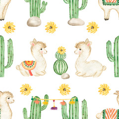 Watercolor baby alpaca seamless pattern. Cacti digital paper, cactus, florals, llama illustration. Mexican pattern, white little lama clipart. Summer desert. Baby shower graphics © MayaNavits