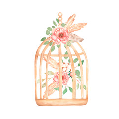 Watercolor vintage rusty cage with peony, feathers, cotton and green leaves bouquet. Retro flowers illustration, cage clipart. Garden decoration, wedding, mother day, birthday card.