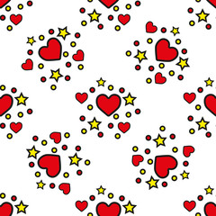 Seamless pattern with red hearts and stars on white background. Vector illustration