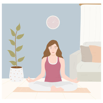 Yoga in lotus position at home. Vector illustration