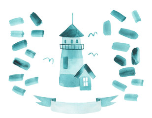 Watercolor hand drawn isolated Illustration with a lighthouse.
