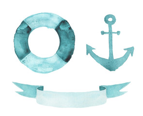 Watercolor hand drawn Illustration with anchor, lifebuoy and ribbon. © WinWinFolly