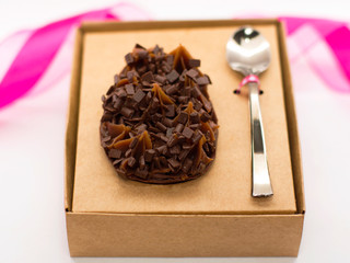 Brazilian easter egg made with brigadeiro and granulates chocolate on a craft packaging box with spoon. 