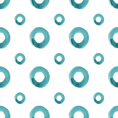Watercolor hand drawn seamless pattern with a blue circle.