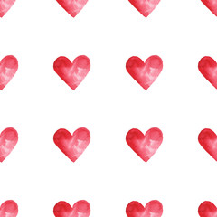 Valentine's Day, watercolor hand drawn seamless pattern with hearts isolated on white background. Colorful, sample element for label, poster, packing, postcard.
