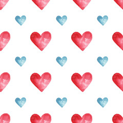 Valentine's Day, watercolor hand drawn seamless pattern with hearts isolated on white background. Colorful, sample element for label, poster, packing, postcard.