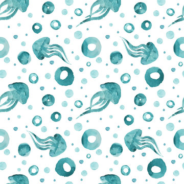 Watercolor hand drawn seamless pattern with a jellyfish.