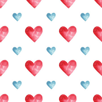 Valentine's Day, watercolor hand drawn seamless pattern with hearts isolated on white background. Colorful, sample element for label, poster, packing, postcard.