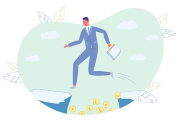 Businessman Jumping over Rock Gorge with Money