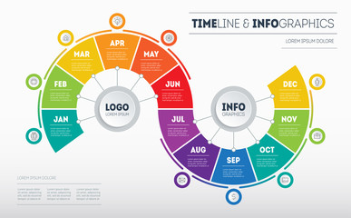 Timeline, Business Infographic concept with 12 months, parts, steps or technology processes. Template for presentation. Time line with icons. Transformation plan for the year. Vector.