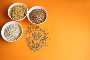 buckwheat, pearl barley, macaroni in plates