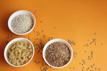 buckwheat, pearl barley, macaroni and peas in plates