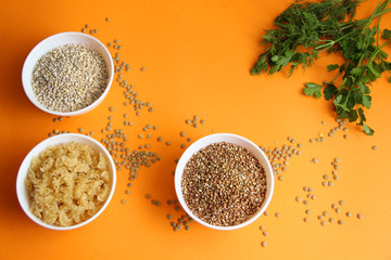 buckwheat, pearl barley, macaroni and peas in plates