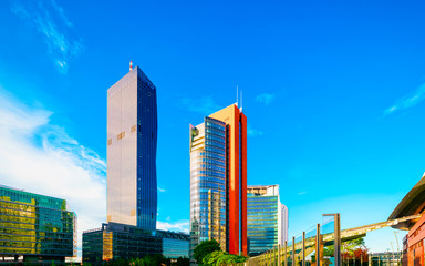 Fototapeta premium Glass Business office buildings architecture in Modern City of Vienna reflex