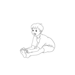 Kids Yoga - Joga für Kinder, Asana Fluss, horizontal Banner Design Concept Cartoon. Junge barfuß in Yoga Haltung, macht fröhliches Gesicht. Yogi Logo auf Hintergrund in weiß.