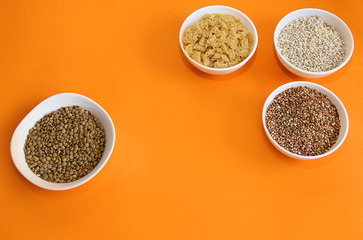 buckwheat, pearl barley, macaroni and peas in plates