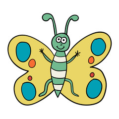 Cartoon doodle butterfly isolated on white background. Vector illustration.  