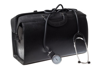 Doctor suitcase hand bag, made of black leather. For medical instruments with blood pressure gauge and stethoscope. Isolated on white background