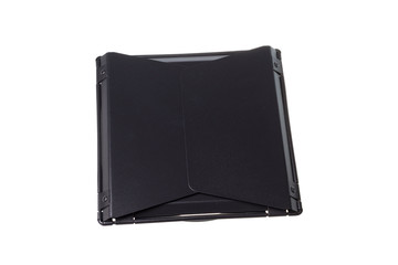 Black metal studio flash closed barndoors accessory, isolated on white background