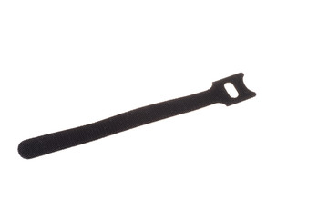 Black velcro fabric cable tie, isolated on white background