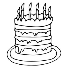 Cartoon doodle birthday cake with candles isolated on white background. Vector illustration.  