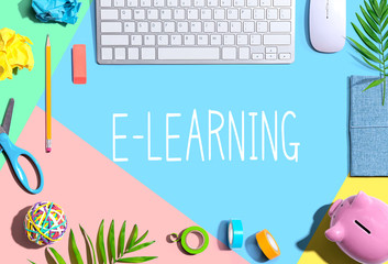 E-Learning theme with office supplies and a computer keyboard