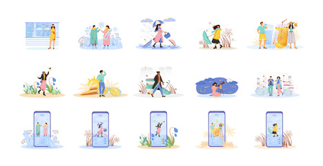 Seasonal flat concept vector illustrations set. Daily temperature forecast in mobile app. Outfit for autumn and winter. Weather metaphors. Woman and man in spring 2D cartoon characters