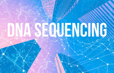 DNA Sequencing theme with abstract network patterns and skyscrapers