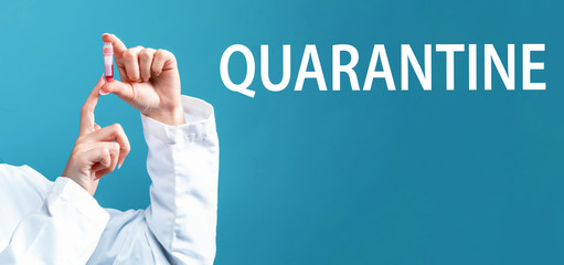 Quarantine Coronavirus theme with a doctor holding a laboratory vial on a blue background