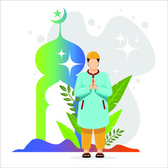 man and woman standing and giving eid mubarak congratulation greeting for other muslim people