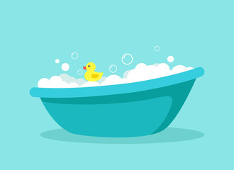 Baby bath with foam, soap bubbles and a yellow rubber duck on a blue background. The concept of swimming and cleanliness. Stock vector illustration in a flat style.