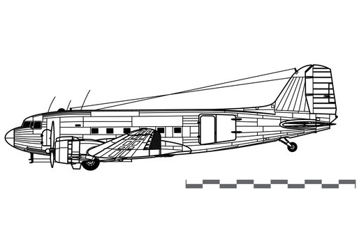 Douglas C-47 Skytrain, Dakota, DC-3. World War 2 transport aircraft. Side view. Image for illustration and infographics.