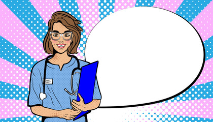Doctor in pop art style. Background in comic style retro pop art. Illustration for print advertising and web.