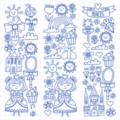 Vector pattern for little girls. Princess illustration for happy birthday party.