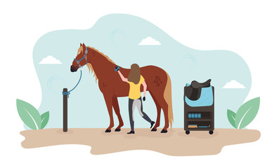 Illustration of a horse cleaning. A woman is cleaning a horse. Girl washes a horse