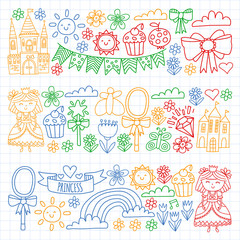 Vector pattern for little girls. Princess illustration for happy birthday party.