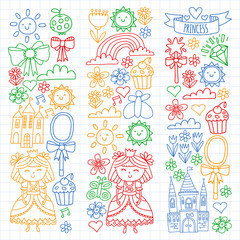 Vector pattern for little girls. Princess illustration for happy birthday party.