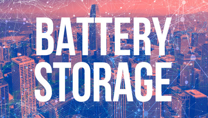 Battery Storage theme with abstract network patterns and downtown San Francisco skyscrapers