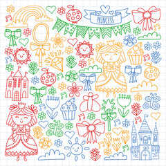 Vector pattern for little girls. Princess illustration for happy birthday party.
