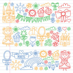Naklejka premium Vector pattern for little girls. Princess illustration for happy birthday party.