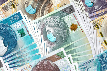 All Polish banknotes with face mask against Coronavirus which hit Polish economy causing recession...