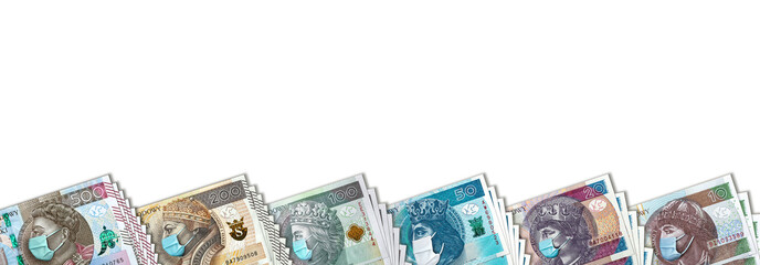 Obraz na płótnie Canvas All Polish banknotes with face mask against Coronavirus which hit Polish economy causing recession and bankruptcy of thousands of companies. Copy space white background for text 